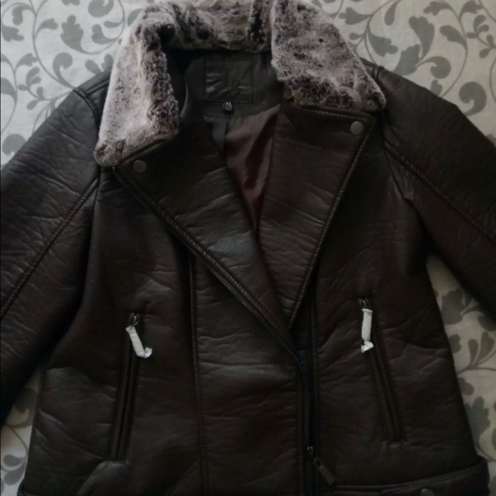 Junior's Faux Leather Jacket With Fur Collar
